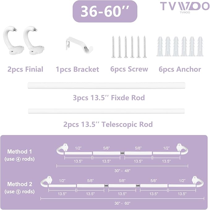 TVWOO White Wrap Around Curtain Rods:5/8" Small Blackout Adjustable Window Curtain Rod for Bedroom Kitchen Apartment Renter Friendly,Room Darkening Curved Drapery Rods Easy Install,Pure White 28-60"