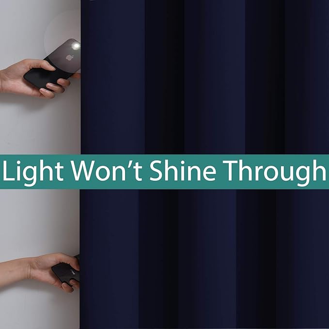 Yakamok 100% Blackout Curtains with Black Lined Thermal Insulated Room Darkening Curtains for Living Room(52Wx96L, Navy Blue, 2 Panels)