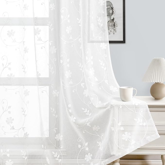 HOMEIDEAS White Sheer Curtains 84 Inches Long 2 Panels White Embroidered Floral Pattern Semi Sheer Window Curtains for Bedroom Living Room