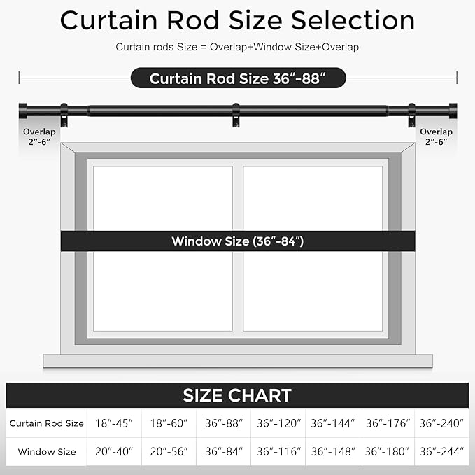VOIIY 2 Pack Curtain Rods for Windows 48 to 84 Inch(4-7 Feet),Black 1'' Diameter Drapery Rods with End Cap Style Design,Modern Adjustable Heavy Duty Curtain Rod,Size:36''-88''