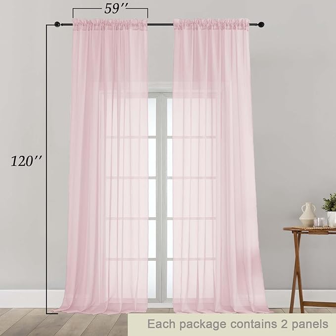Extra Long Blush Sheer Curtains for Bedroom Living Room 120 Inches Long 2 Panels Set, Solid Soft Light Filtering Rod Pocket Sheer Window Curtains, Blush, Each 59" Wx120 L Inch