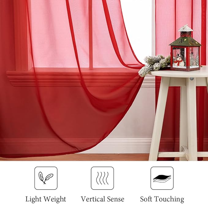 MIULEE 2 Panels Red Solid Color Sheer Christmas Window Curtains Elegant Window Voile Panels/Drapes/Treatment for Bedroom Living Room (54X54 Inches)