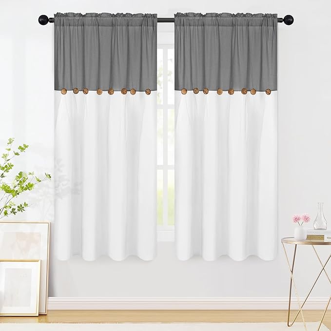 FRAMICS Farmhouse Cotton Linen Curtains for Living Room, Boho Button Curtains 63 Inch Length, Grey Rustic Country Linen Window Curtains for Bedroom, Rod Pocket Curtains & Drapes, 52 x 63 Inch, Grey
