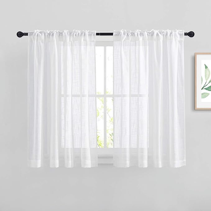NICETOWN White Sheer Curtains 54 inch Length for Nursery, Rod Pocket & Back Tab Linen Blend Window Treatments Semi Sheer Privacy with Light Filter for Kids Room, W52 x L54, 2 Panels