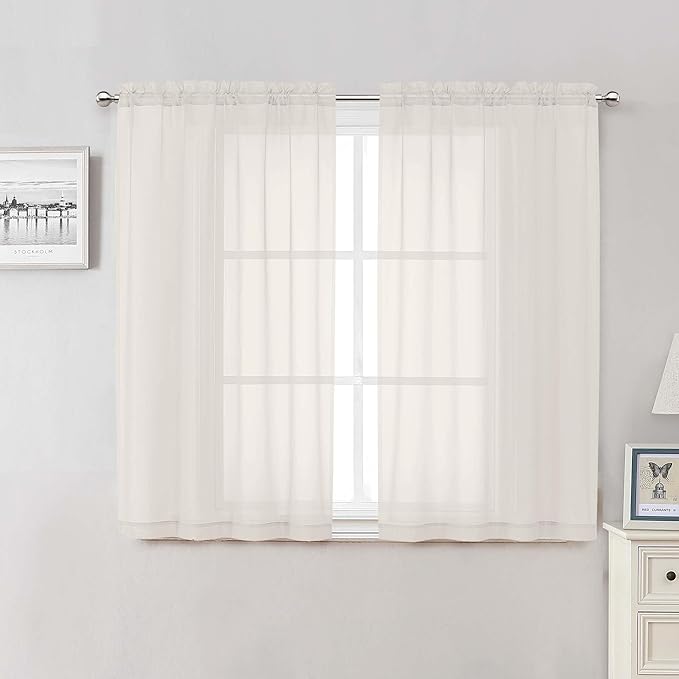 Lecloud Ivory Sheer Curtains 48 Inch Length 2 Pcs, Rustic Farmhouse Curtains with Rod Pockets, Light Filtering Window Solid Drapes for Bedroom Bathroom Basement Living Room, Each Panel 42" W x 48" L