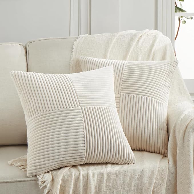 Fancy Homi 2 Packs Cream Samll Decorative Throw Pillow Covers 12x12 Inch with for Couch Bed Sofa, Rustic Farmhouse Boho Home Decor, Soft Corss Patchwork Corduroy Square Cushion Case 30x30 cm