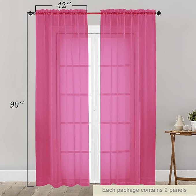 Sheer Hot Pink Curtains for Bedroom Living Room 90 Inches Long 2 Panels Set, Soft Airy Light Filtering Sheer Window Treatments, Modern Rod Pocket Curtains Drapes, Each 42" Wx90 L Inch