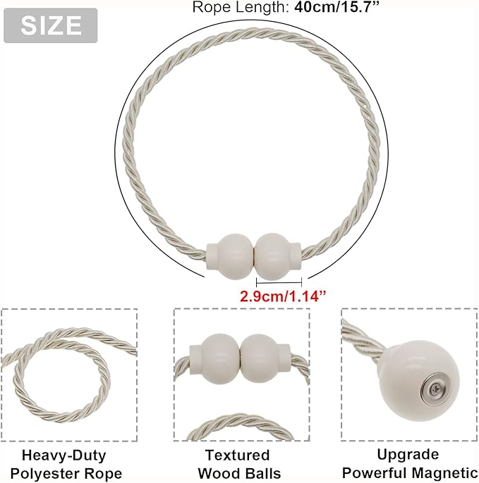 6 Pack Magnetic Curtain Tiebacks Modern Handmade Rope Curtain Tie Backs Decorative Drapes Weave Holdbacks for Home Outdoor Bedroom Office Decorative Curtain, Beige