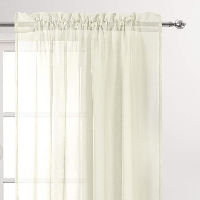 DWCN Ivory Sheer Curtains Semi Transparent Voile Rod Pocket Curtains for Bedroom and Living Room, 52 x 45 inches Long, Set of 2 Panels