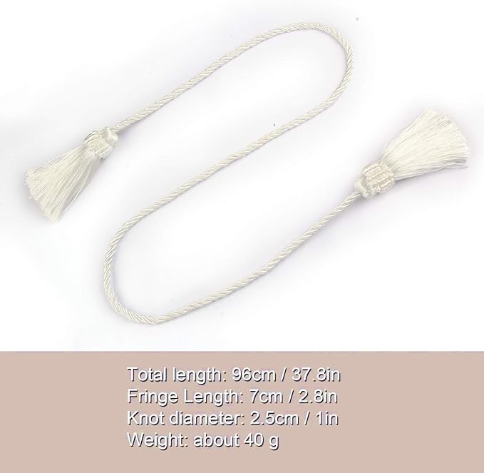 Fenghuangwu Curtain Tiebacks Handmade Decorative Curtain Holdbacks Rope with Tassel (White, 2P)