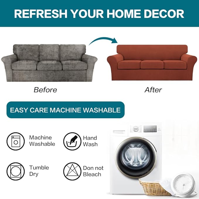 Turquoize 4 Piece Sofa Covers for 3 Cushion Couch Sofa Slipcover Soft Couch Cover for Dogs-Washable Sofa Furniture Covers with 3 Individual Cushion Covers (3 Cushion Sofa, Rust)