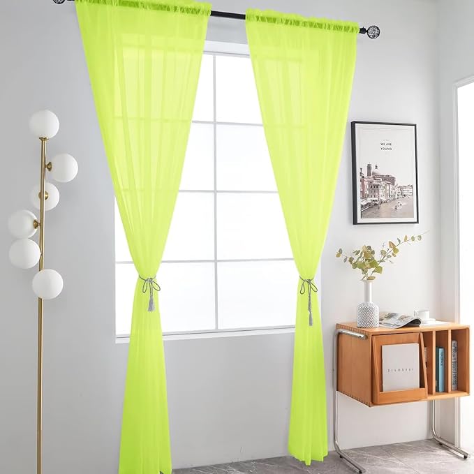 SpaceDresser Basic Rod Pocket Sheer Voile Window Curtain Panels Chartreuse 1 Pair 2 Panels 52 Width 108 Inch Long for Kitchen Bedroom Children Living Room Yard（Chartreuse, 52W x 108L）
