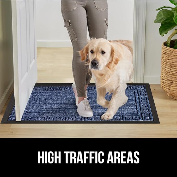 GORILLA GRIP 100% Waterproof All-Season WeatherMAX Doormat, US Designed Natural Rubber, Stain and Fade Resistant, Low Profile Indoor Outdoor Door Mats, Easy Clean Patio Mat, 29x17, Navy Greek Keys