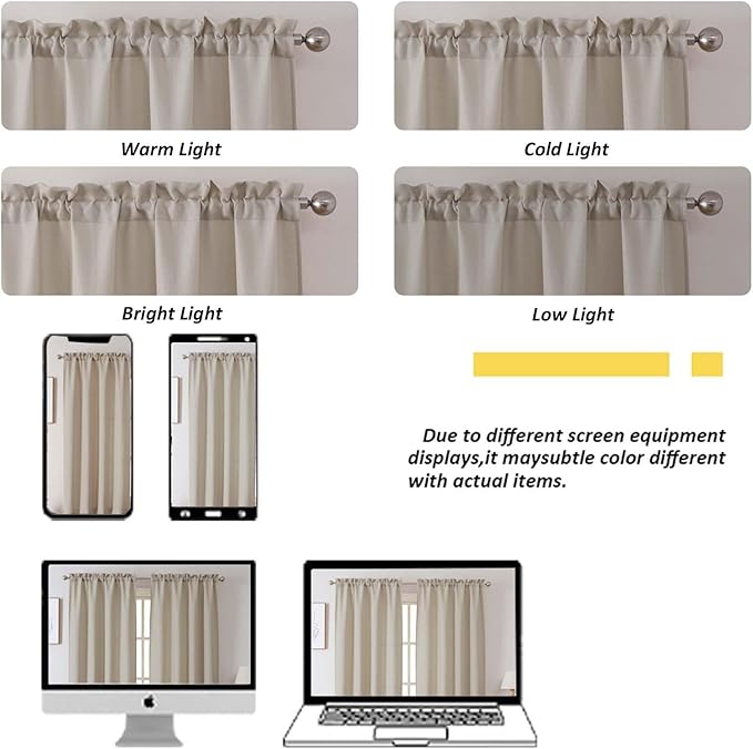 Chyhomenyc Moon Beige Valance for Windows, Light Filtering Faux Linen Solid Short Curtain Valance, Burlap Decorative Small Curtain for Kitchen Bathroom Laundry Basement, 60Wx12L inch, 1 Piece