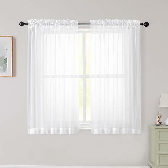 White Sheer Curtains for Bedroom Living Room 45 Inch Length 2 Panels, Soft Airy Light Filtering Small Kitchen Window Curtains, Rod Pocket Short Curtain Drapes, White, 42" Wx45 L Inches