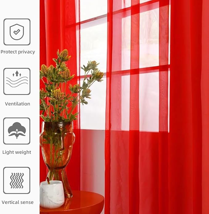 youleyar Solid Sheer Rod Pocket Curtain Voile Draperies 2 Panels White Beige Black Red Coffee 70 Inch Width 96 Inch Long 1 Pair for Kitchen Bedroom Children Living Room Yard(Red,70Wｘ96L)