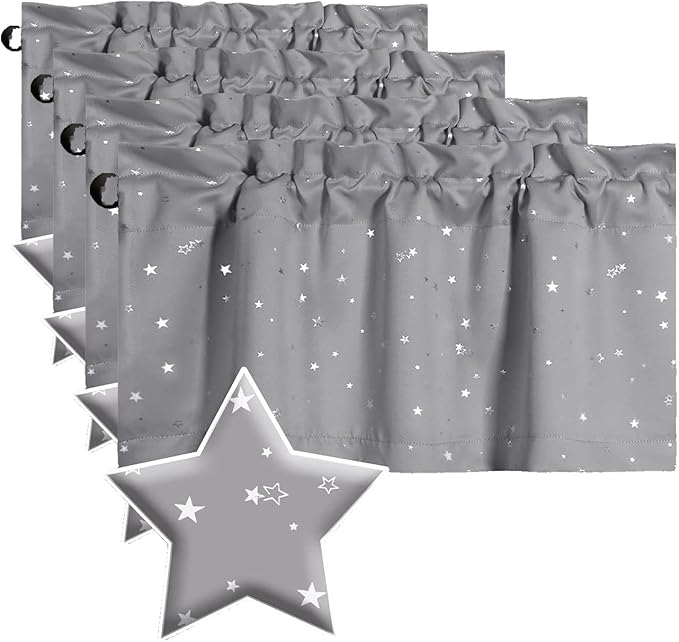 H.VERSAILTEX Blackout Curtain Valances for Kitchen Window/Living Room/Bathroom Privacy Added Rod Pocket Home Decoration Winow Valance, 52" W x 18" L, Glitter Stars in Gray Base (Pack of 4)