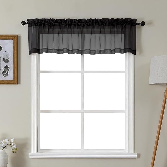 Gwine Black Valances for Windows, Small Light Filtering Rod Pocket Cafe Valance Curtains, Soft Sheer Curtain for Bathroom Laundry Basement, 42Wx14L inch, 2 Pieces