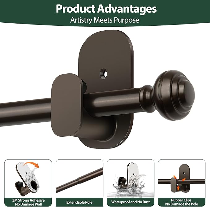 KAMANINA 2 Pack Curtain Rods No Drilling for Windows 16 to 30 Inches, 5/8 Inch Diameter Telescoping Drapery Rods with Adhesive Brackets, Bronze