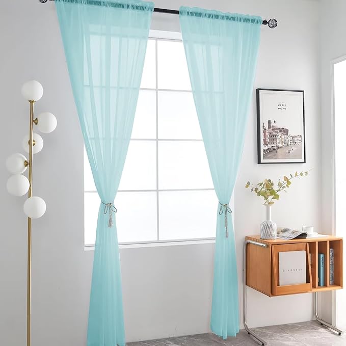 SpaceDresser Basic Rod Pocket Sheer Voile Window Curtain Panels Sky Blue 1 Pair 2 Panels 52 Width 54 Inch Long for Kitchen Bedroom Children Living Room Yard（Sky Blue, 52W x 54L）
