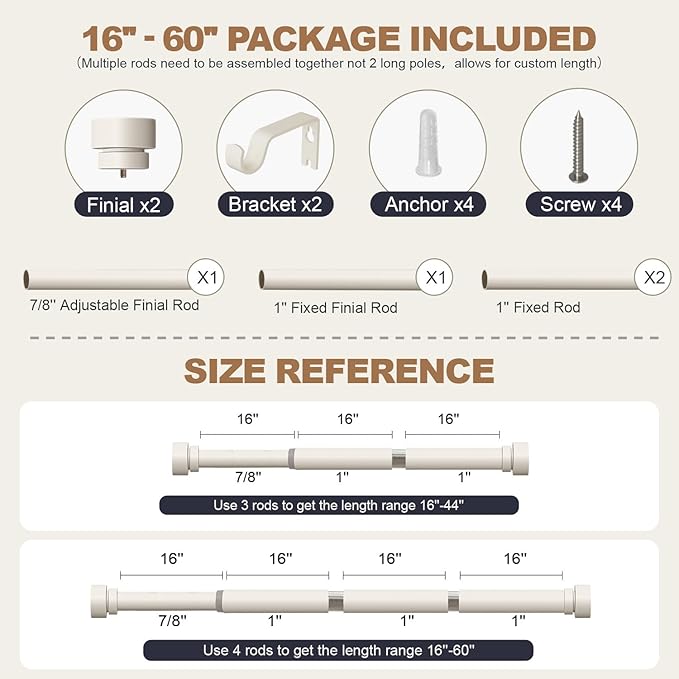 Lootkell Modern White Curtain Rods for Windows 28 to 48 Inches Adjustable Length Heavy Duty 1" Diameter Window Curtain Rod with Decorative Finials for Outdoor Bedroom Kitchen Living Room
