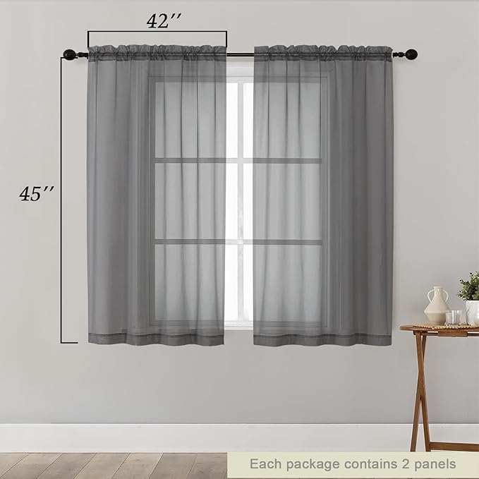 Grey Sheer Curtains for Bedroom Living Room 45 Inch Length 2 Panels, Soft Light Filtering Small Kitchen Window Curtains, Rod Pocket Short Curtain Drapes, Grey, 42" Wx45 L Inches