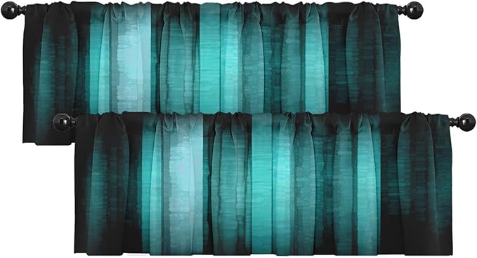 Emvency 2 Pack Valances Window Treatments, Teal Striped Abstract Glass Texture Blackout Drapes Adjustable Curtain for Windows Living Room Kitchen Over Sink, 52x18 Inch Rod Pocket Valances