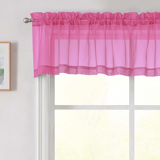 Hot Pink Valances for Windows, Hot Pink Sheer Curtains 14 Inch Length 2 Pack Kitchen Drapes, Modern Solid Mini Small Window Curtains for Cafe Bathroom Basement, 42" Wx14 L Inches