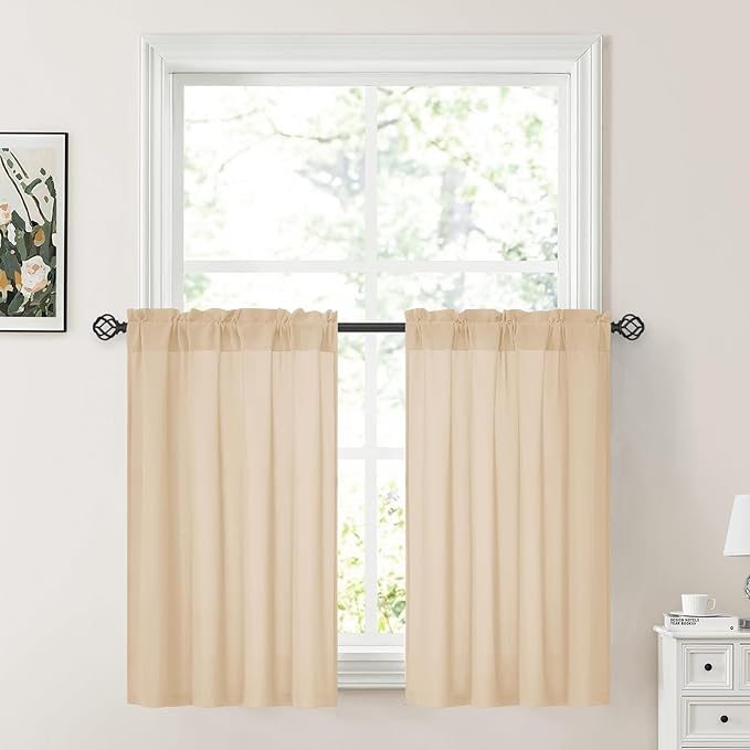 HOMEIDEAS Non-See-Through Beige Privacy Sheer Kitchen Curtains, 30 X 36 Inches Long 2 Panels Taupe Sheer Curtains Light Filtering Bathroom Window Drapes for Bedroom Living Room