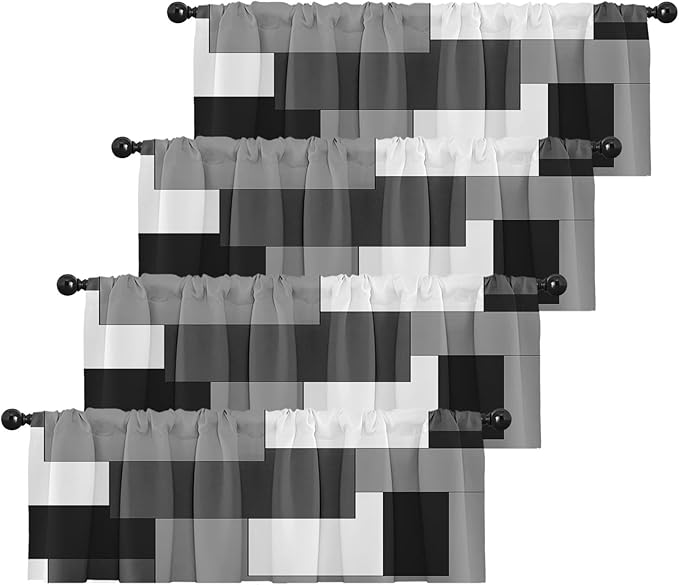 Emvency 4 Pack Valances Window Treatments, Gray and Black Geometry Abstract Modern Art Blackout White Adjustable for Living Room Bathroom Kitchen Over Sink, 52x18 Inch Rod Pocket Valances