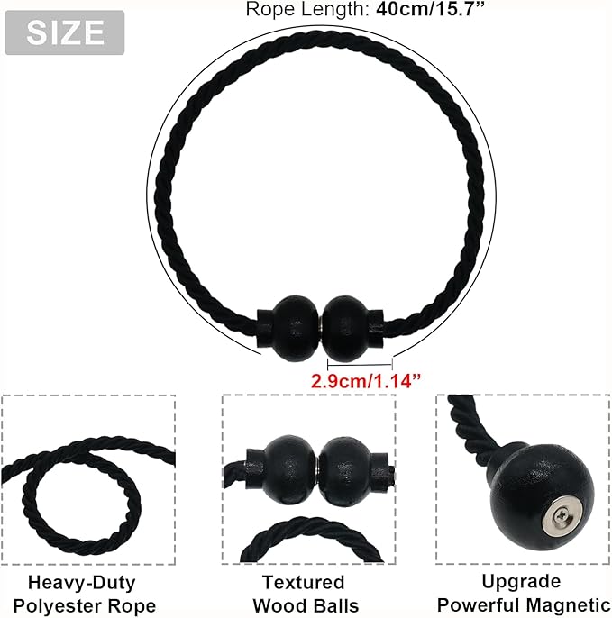4 Pack Magnetic Curtain Tiebacks Modern Handmade Rope Curtain Tie Backs Decorative Drapes Weave Holdbacks for Home Outdoor Bedroom Office Decorative Curtain, Black