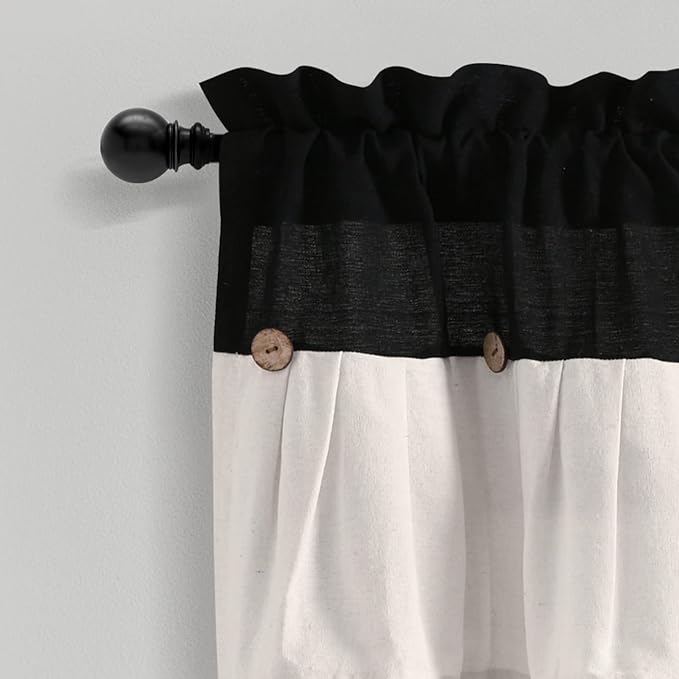 Lush Decor Linen Button Farmhouse Valance Curtians 52"W x 18"L Black & White - Linen Valances For Windows - Kitchen Curtains Valances