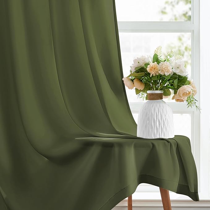 HOMEIDEAS Non-See-Through Olive Green Privacy Sheer Curtains, 52 X 45 Inches Long 2 Panels Sheer Curtains Light Filtering Window Drapes for Bedroom Living Room