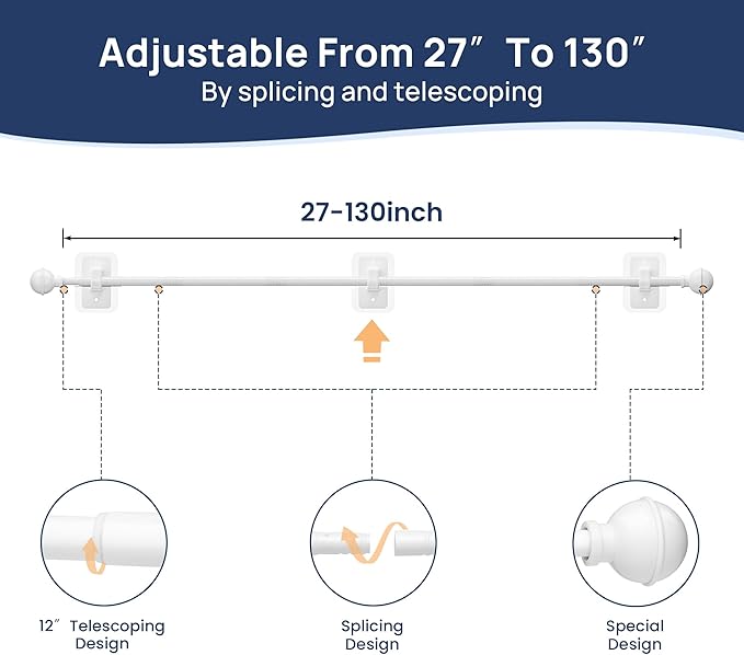 ENJOYBASICS No Drill Curtain Rods for Window 66 to 120 Inches, 5/8 Inch Diameter Renter Friendly Drapery Rod with Adhesive Brackets without Drilling, Adjustable from 27 to 130 Inches, White