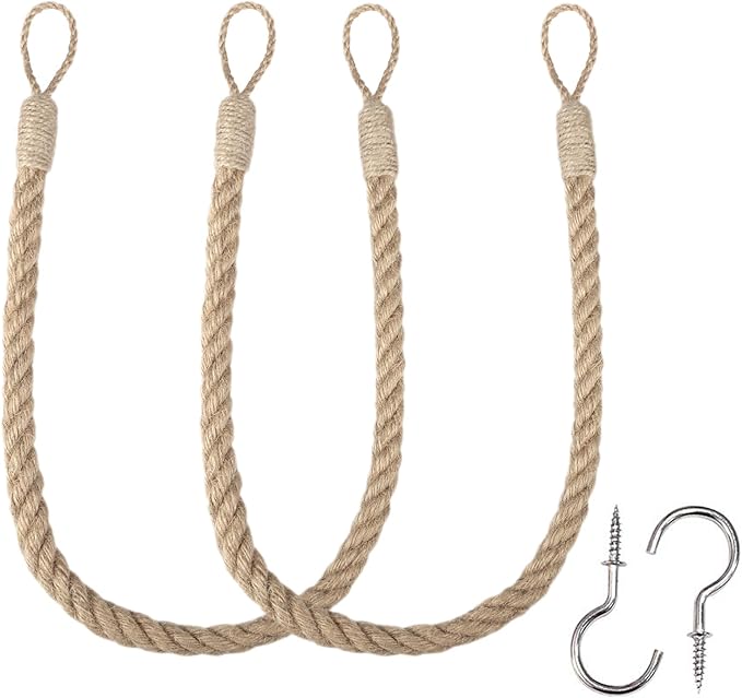 BEL AVENIR Jute Curtain Tiebacks Ropes Tie-Backs, Handmade Curtain Holdbacks Bohemian Style Woven TieBacks(Jute,2pack)