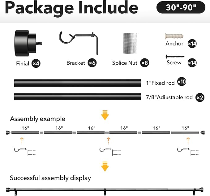 IFELS 2 Pack Heavy Duty Curtain Rods for Windows 48 to 84 Inch, 1 Inch Black Adjustable Curtain Rod Set with Easy Installation and Modern Design (A1,Black,30-90",2Pack)