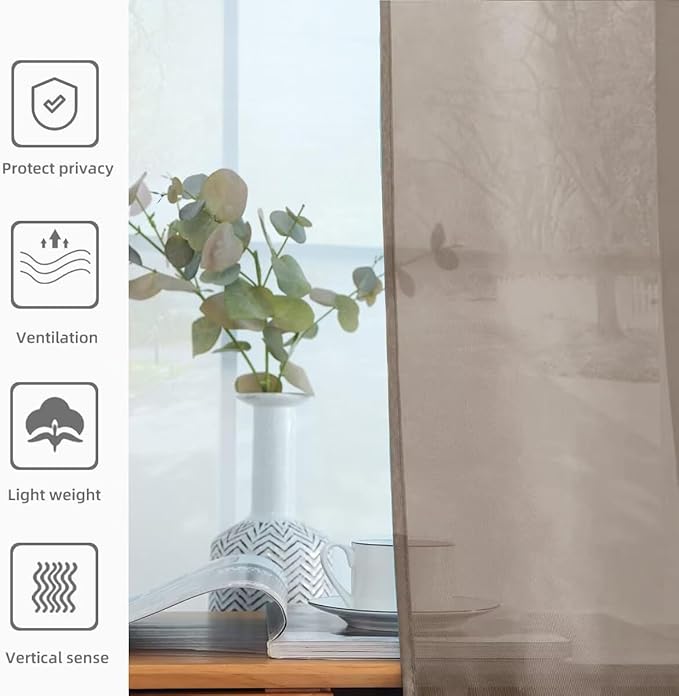 youleyar Solid Sheer Rod Pocket Curtain Voile Draperies 2 Panels White Beige Black Grey Ivory 52 Inch Width 108 Inch Long 1 Pair for Kitchen Bedroom Children Living Room Yard (Taupe,52Wｘ108L)