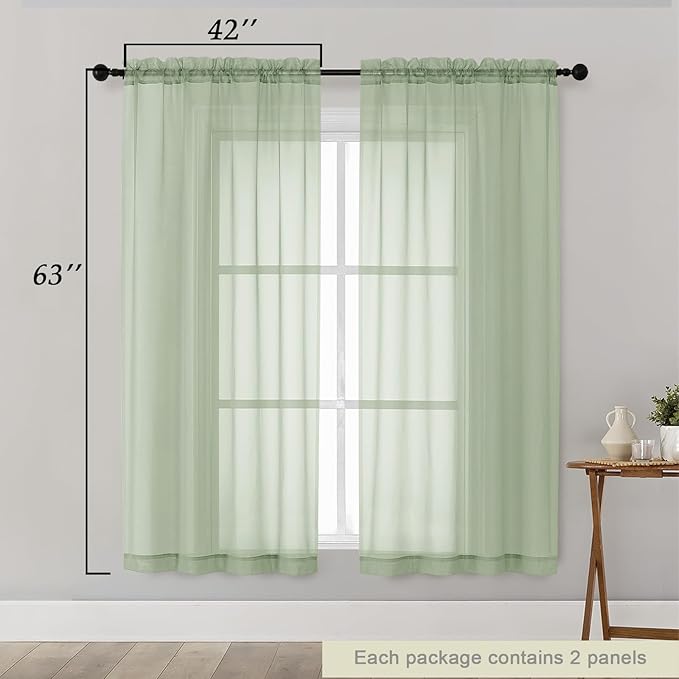 Light Green Sheer Curtains 63 Inch Length 2 Panels Set for Living Room Bedroom, Airy Soft Light Filtering Sheer Dining Room Curtains, Modern Rod Pocket Drapes, Light Green, Each 42" Wx63 L