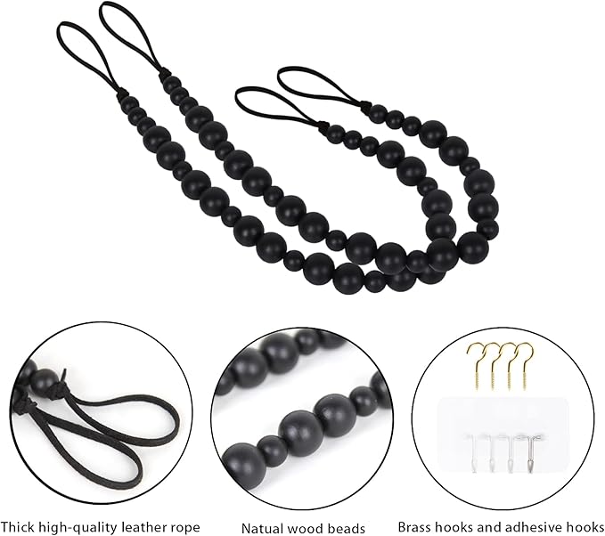 OCIOLI 2 Pieces Wood Bead Curtain Tieback Boho Curtain Tiebacks Curtain Holdbacks for Wall Curtain Ties Curtain Tie Backs with Hooks for Boho Decor Bedroom Decor Nursery Decor (Black Color, 2)