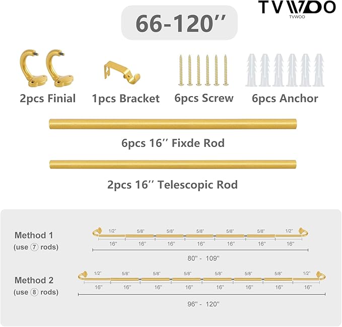 TVWOO Gold Wrap Around Curtain Rods:5/8" Small Blackout Adjustable Window Curtain Rod for Bedroom Kitchen Apartment Renter Friendly,Room Darkening Curved Drapery Rods Easy Install,Brass Golden 66-120"