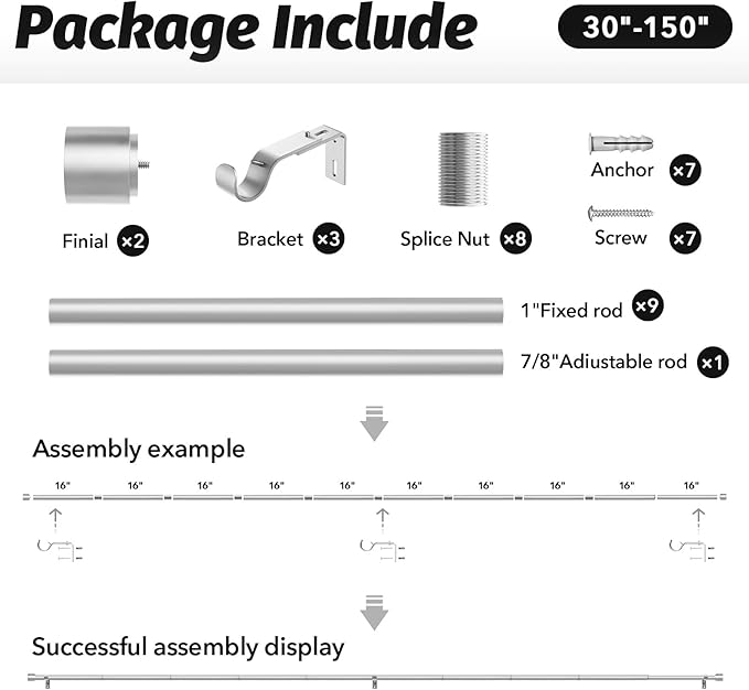 GEEBOBO Silver Curtain Rods for Windows 72 to 144 Inch, 1 Inch Adjustable Heavy Duty Easy Install Curtain Rods Set for Outdoor, Patio, Farmhouse, Bedroom, Living Room (Silver, 30"-150")