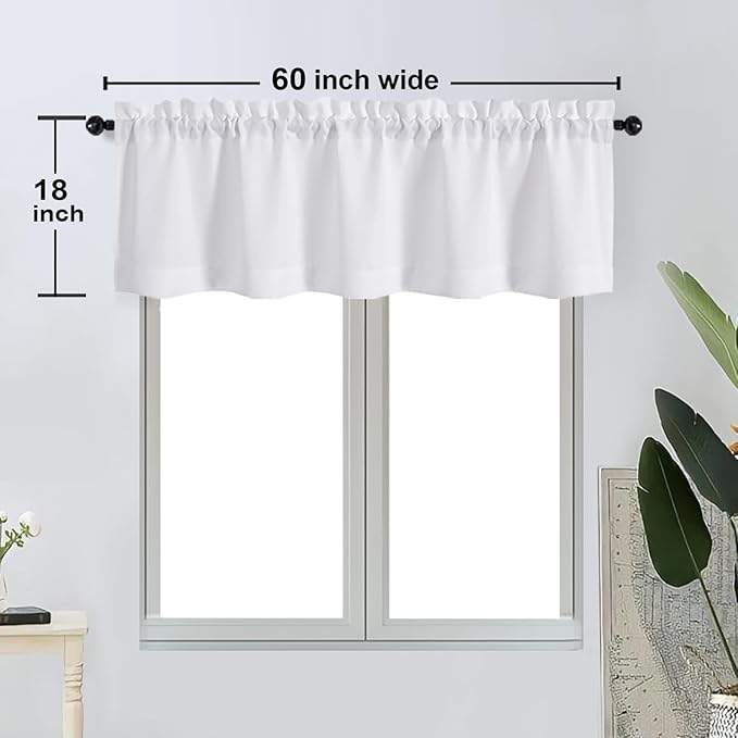 OWENIE Bob Valance Curtains 18 Inch Length 1 Piece, Faux Linen Slub Solid White Kitchen Valance for Bedroom Living Room, Farmhouse Soft Airy Rod Pocket Small Window Curtain, Each 60Wx18L Inch