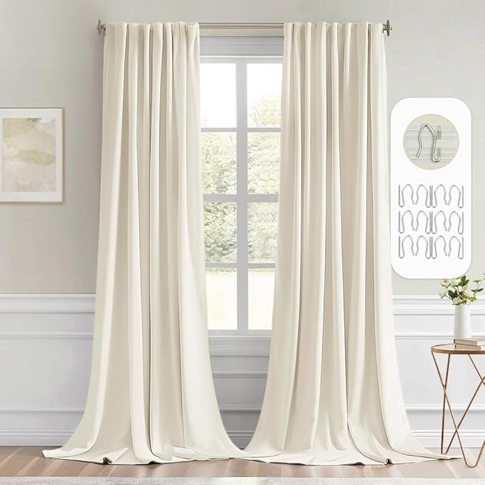 MIULEE Beige White Back Tab Blackout Curtains 102 Inch Long 2 Panels Set for Bedroom, Rod Pocket/Pinch Pleated Thermal Insulated Living Room Darkening Light Blocking Floor to Ceiling Drapes