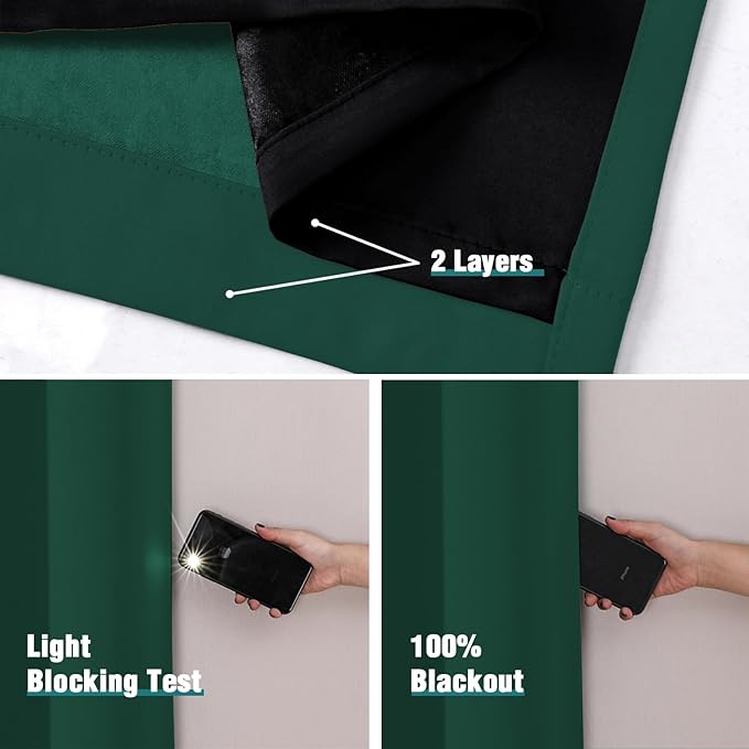 ChrisDowa 100% Blackout Curtains 90 inch Long for Bedroom with Black Liner, 2 Thick Layers Total Blackout Thermal Insulated Grommet Long Window Curtains 2 Panels Set (Forest Green, 52 x 90 Inch)