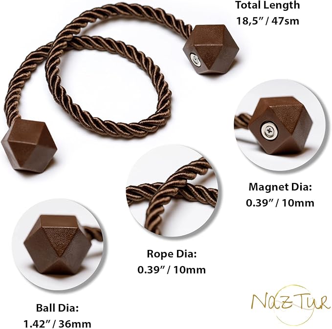 NazTur Magnetic Curtain Tiebacks- Upgrade 2022 with a Thicker Twist Rope & Strong Magnet Tieback Window Treatment Holdbacks Draperies Holders Decorative Drape Handmade Tie Back (Coffee Dark, 4)