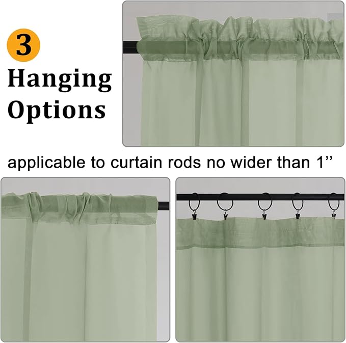 Gwine Sage Green Sheer Kitchen Curtains 36 Inch Length, Light Filtering Voile Soft Airy Small Cafe Curtains, Short Window Curtain for Bathroom Basement, 42x36 inch, 2PCS