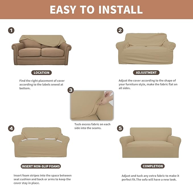 Easy-Going 100% Waterproof Oversized Loveseat Couch Cover, Dual Waterproof Sofa Cover, Stretch Jacquard Sofa Slipcover, Leakproof Furniture Protector for Kids, Pets, Dog and Cat, Sand