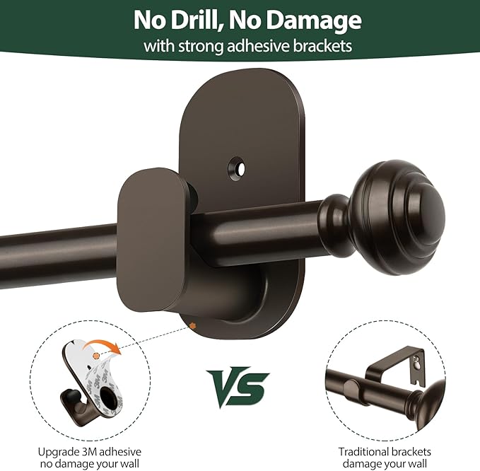 KAMANINA 2 Pack Curtain Rods No Drilling for Windows 32 to 58 Inches, 5/8 Inch Diameter Adjustable Single Curtain Poles with Adhesive Brackets, Bronze