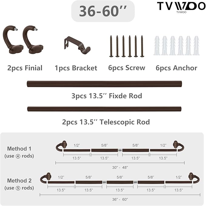 TVWOO Bronze Wrap Around Curtain Rods:5/8 Inch Blackout Adjustable Window Curtain Rod for Bedroom Kitchen Apartment Renter Friendly,Room Darkening Curved Drapery Rods Easy Install,Antique Brown 28-60"