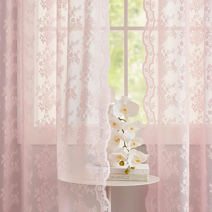 YJ YANJUN Vintage Lace Curtains 96 Inches Long 2 Panels Set Elegant Chic Floral Pink Sheer Curtain Panles for Girls Baby Living Room Bedroom Girly Preppy Room Decor Light Filtering 52" W x 96" L